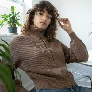 Reformation Brown Zip-Front Ribbed Turtleneck Cardigan